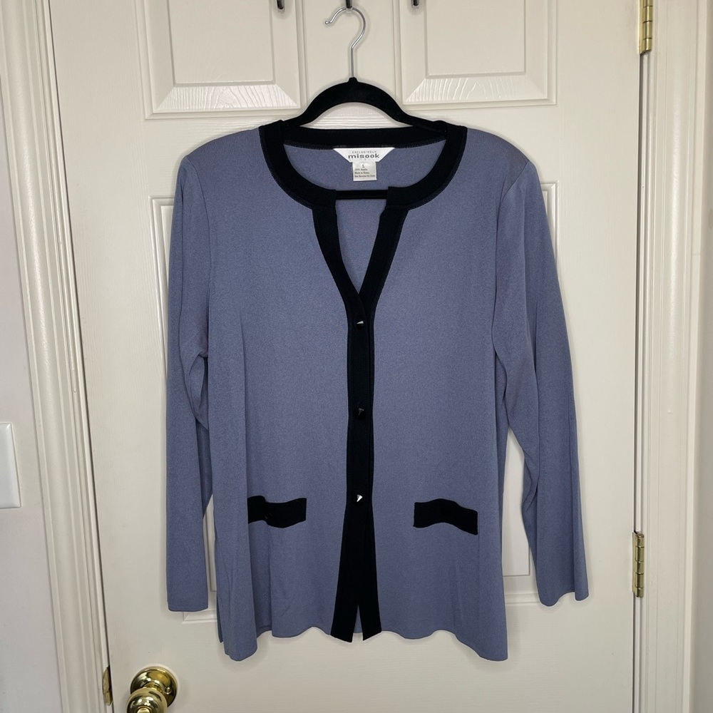 Exclusively Misook Lavender & Black Trim Button Front Knit Cardigan L